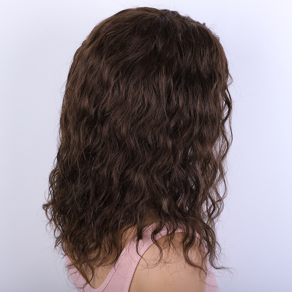 Perruque de cheveux humains bouclés au miel avec frange à franges, partie latérale, sans colle, pré-plumée, gros moelleux, marron, blond mélangé