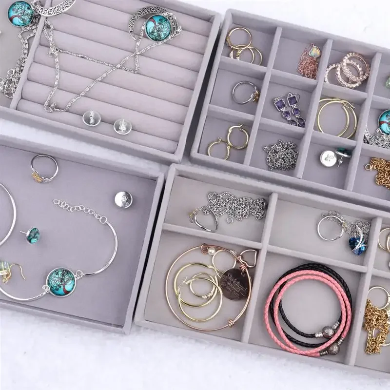 Fluwelen Sieraden Opbergdoos Ketting Stapelbaar Display Lade Armband Oorbel Organisatoren Diy Handwerk Lade Box Grey
