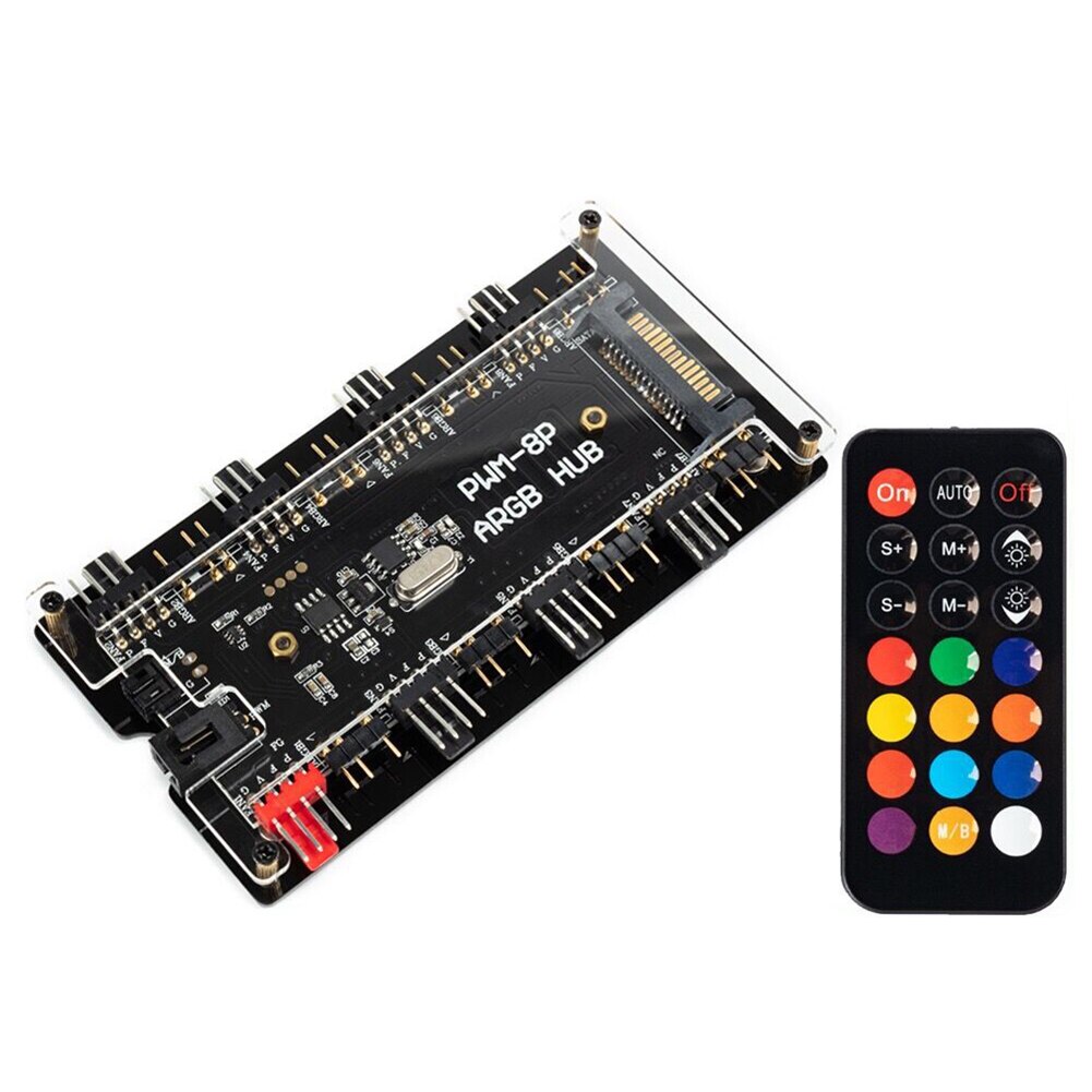 Remote Control PWM Fan Hub 8 Port 4-Pin PWM Fan 1 to 8 3-Pin ARGB Addressable RGB LED Hub
