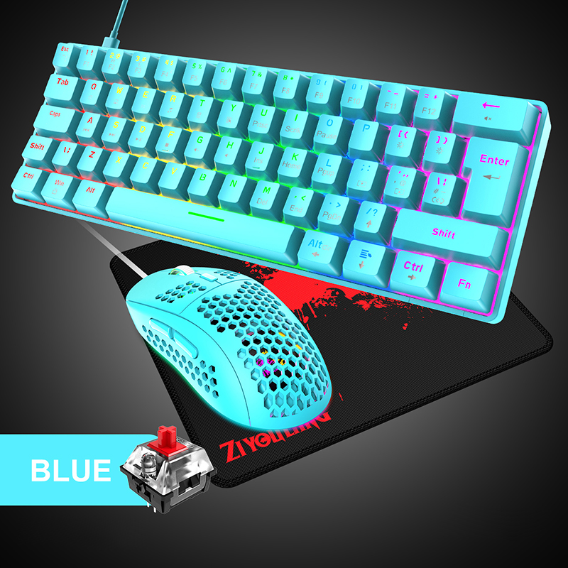 Wired Keyboard Mouse and Mouse pad Set Gaming Mechanical Keyboards 62 keys RGB Backlit Blue Red Switch for PC Gamer: Red Switch Blue