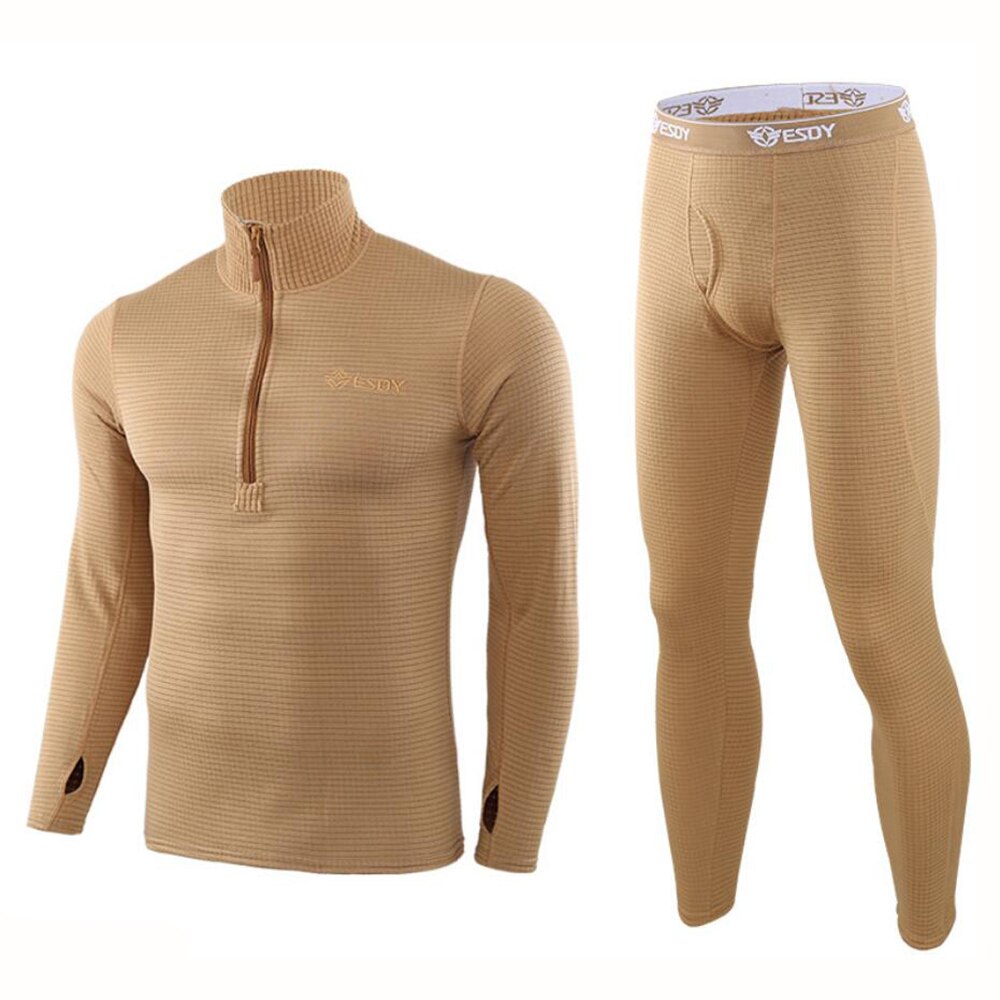 ESDY Motorcycle Thermal Underwear Set Quick Dry Stretch Men Thermo Underwear Running T-shirt Set Tight Long Tops & Pants M-2XL: XL / Khaki