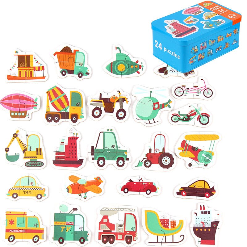 Montessori Baby Toy Card Puzzles Early Learning Educational Toy Cartoon Traffic Animal Fruit With Iron Box Kids Cognitive Puzzle