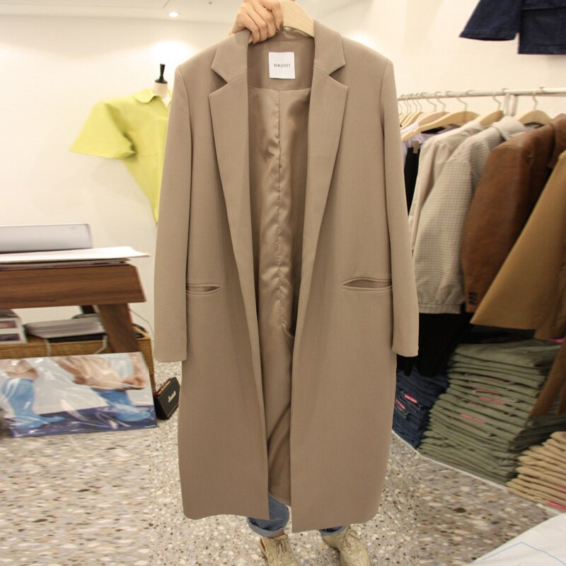 Koreaanse Stijl Zwarte Vrouwen Blazers En Jassen Plus Size Herfst Effen Vrouwelijke Elegante Vrouwen Lange Suits Blazer Casual Tops: Khaki / M