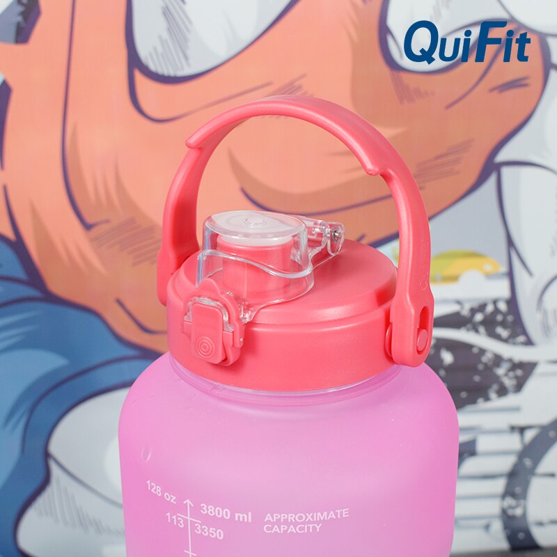 QuiFit water bottle 3.8L bouncing lid gallon water bottle cuptime stamp trigger no BPA, sports phone holder fitness water bottle