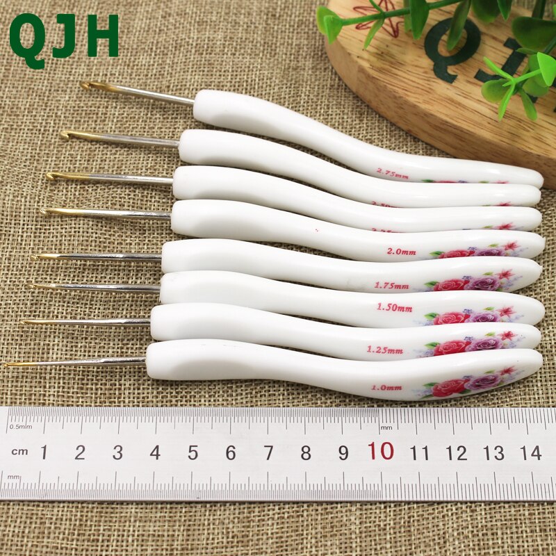 QJH 8 stks/set Chinese Stijl Retro Bloemenprint Plastic Handvat Aluminium Haaknaalden Breinaalden Ambachten Weven Tool