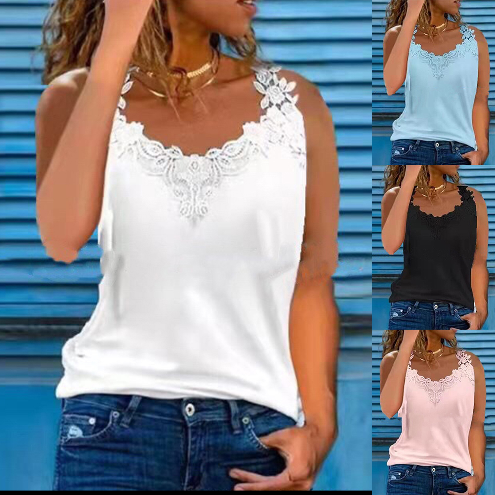 Camisetas sin mangas con cuello en V de encaje para mujer, camisola holgada informal sin mangas, camiseta de talla grande, ropa de verano
