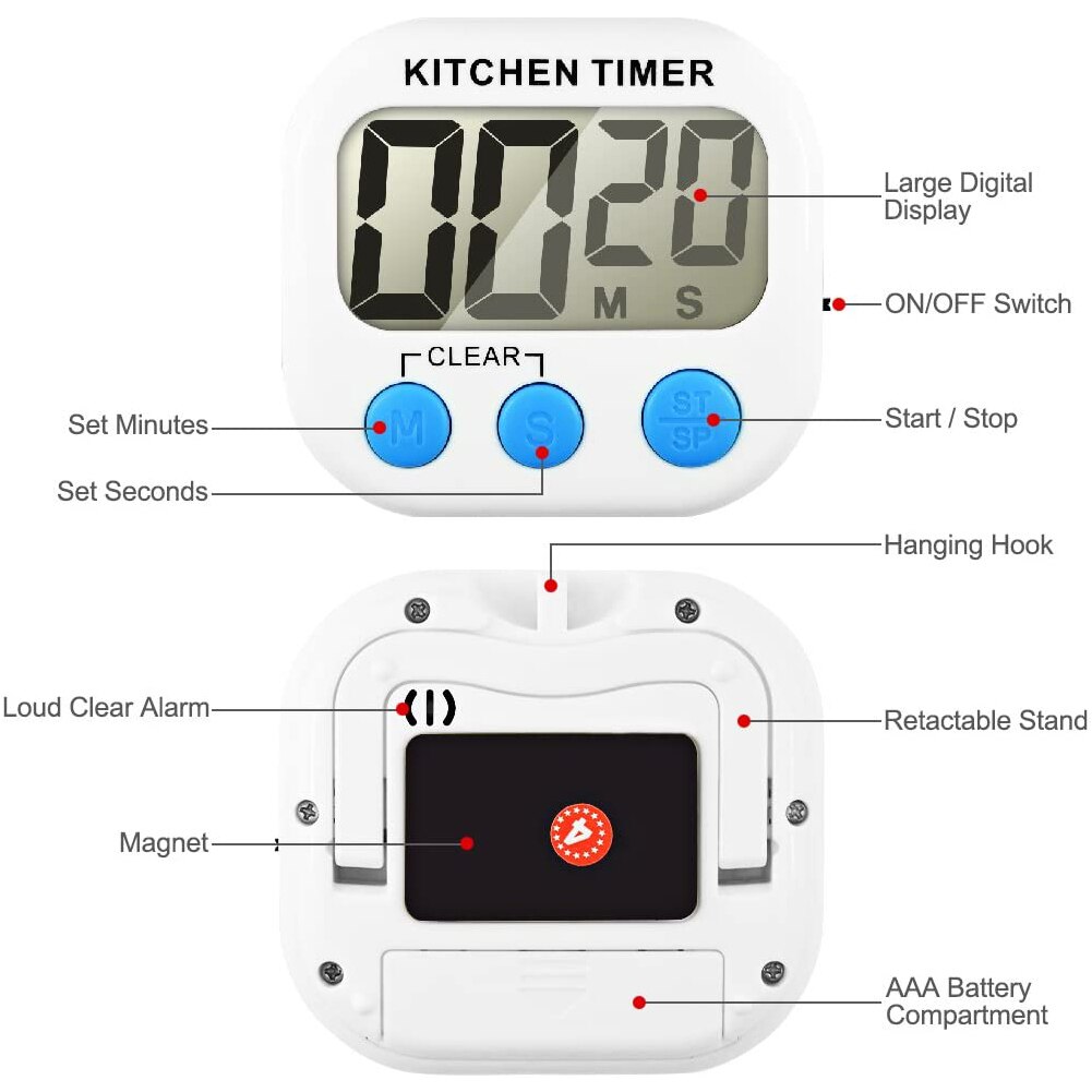 Digital LCD Digital Screen KITCHEN TIMER Square Cooking Count Up Countdown Alarm Sleep Stopwatch Temporizador Clock