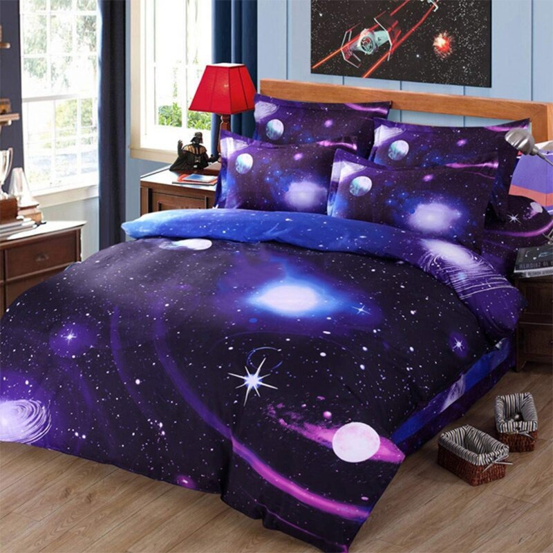 -3d galakse sengetøj dynebetræk enkelt vendbar lilla stjerne galakse mikrofiber sengetøj dyne lynlås slips barn teen pige