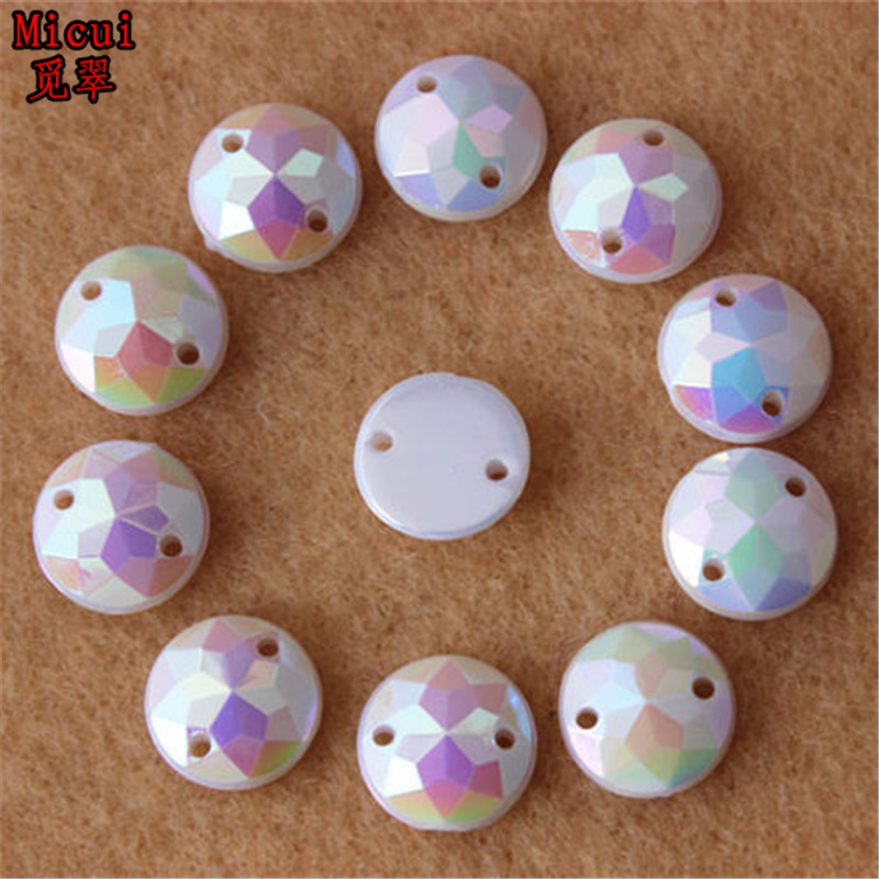 Micui 100 STKS 10mm AB Wit Ronde Acryl Steentjes Crystal Platte terug Kralen Voor Kleding Craft Decoratie Naai 2 Hole ZZ4C