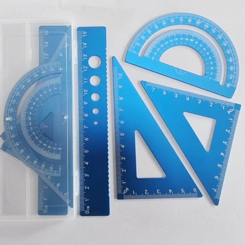 Juego de reglas de metal de 4 piezas: herramientas de dibujo y matemáticas de 6 colores, reglas de dibujo para estudiantes y diseñadores: Azul marino