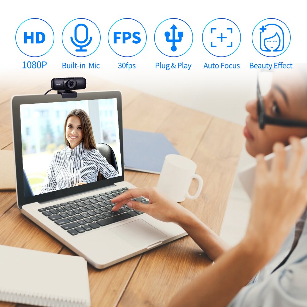 Aibecy Full HD 1080P Webcam Built-in Microphone Auto Focus USB Computer Camera Web Cam with Clip-on Base Plug and Play