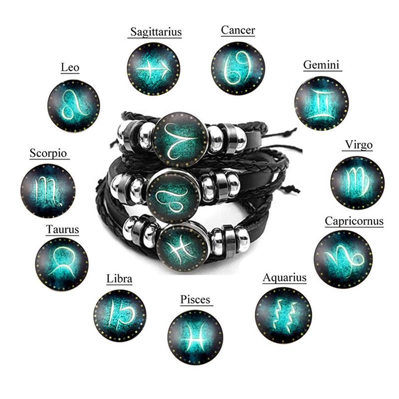 Luminosas 12 Constelaciones pulsera de cuero signo del zodiaco con abalorios pulseras trenzadas Punk para Niños Accesorios de la joyería de los hombres