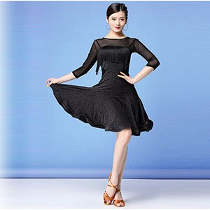 Fringe Latin Dance Dress Women Long Sleeve Tassel Dress for Ballroom Samba Tango Chacha Belly Dancing Performamnce L53: Black / XL