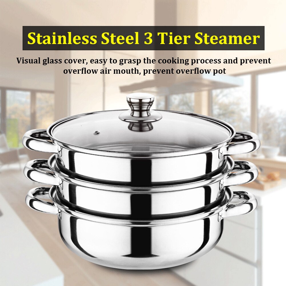 Casserole pour cuiseur vapeur grande taille 28cm, 3 niveaux, facile à nettoyer, couvercle visuel, batterie de cuisine, double usage, acier inoxydable, gain de place à la maison avec poignées