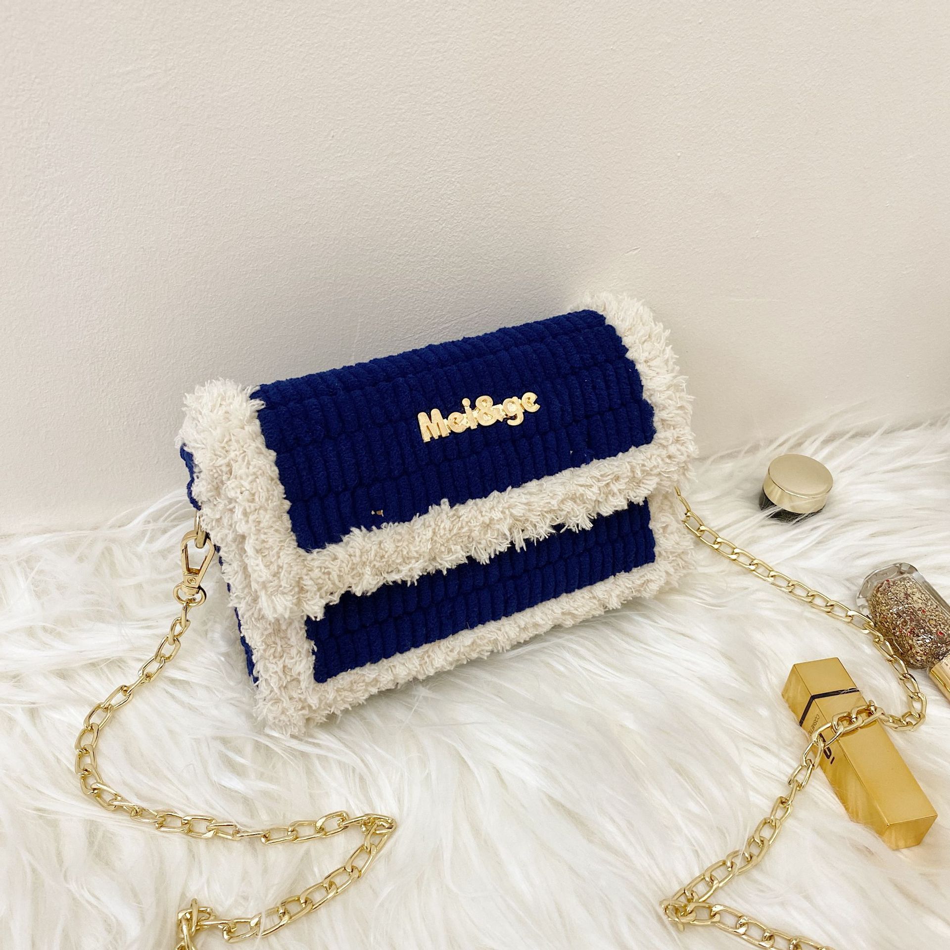 Bolsa de tejido artesanal moderna, bolso de lana de tela de malla, hecho a mano, con gancho de pestillo, bolso de hombro práctico, accesorios: Blue
