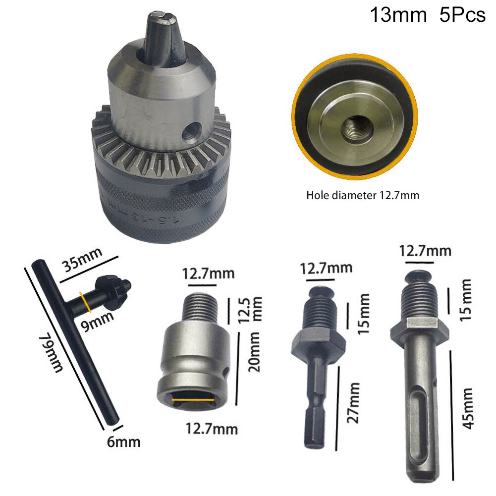 Adaptador de mandril de broca, 5 peças 6.5/10/13/16mm conversor sem chave haste haste mandril braçadeira 0.6-6.5mm/0.8-10mm/2-13mm/3-16mm