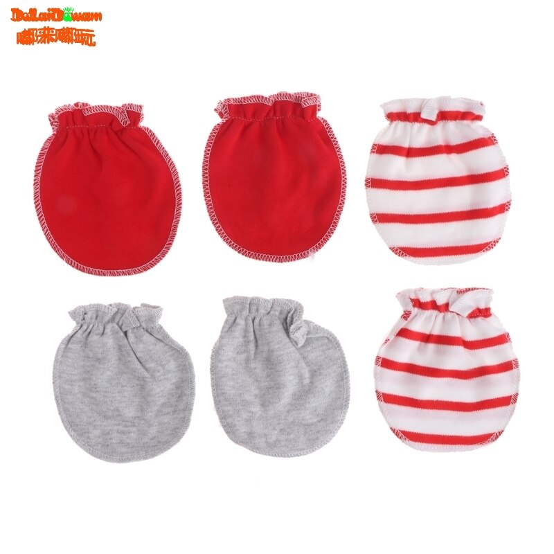 3Pairs Baby Anti Krabben Handschoenen Pasgeboren Bescherming Gezicht Katoen Scratch Wanten: Rood