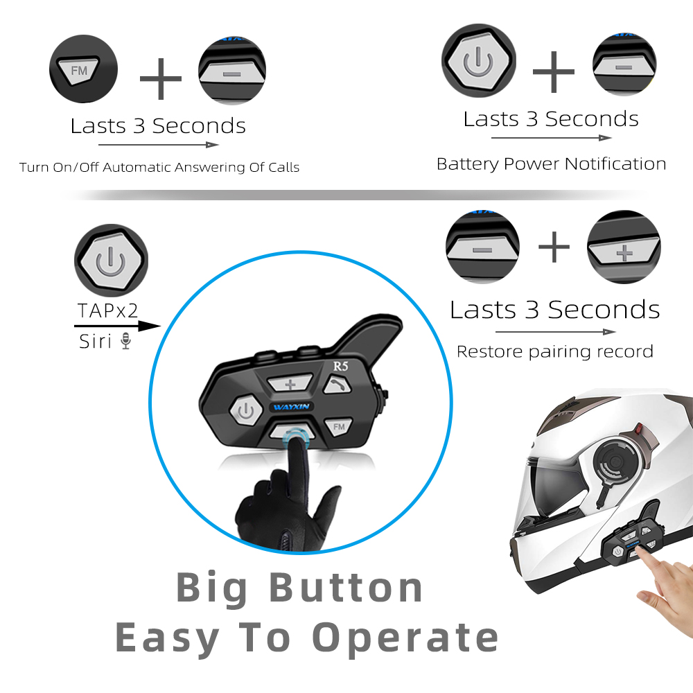 WAYXIN Helmet Headsets Support 1200M 2 person Intercom 1Pcs R5 Motorcycle Headsets FM Wireless Intercomunicador Interphone