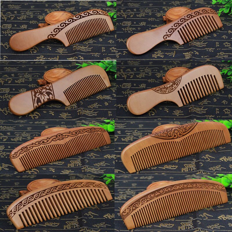 Natural Peach Solid Wood Comb Engraved Peach Wood Massage Comb Hair Care Tool Crafts Valentines Day Photo Props