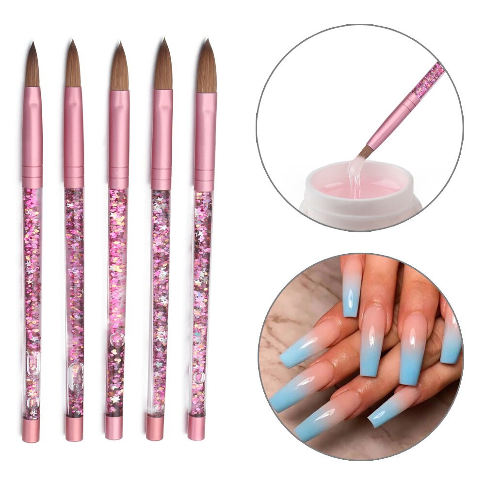 Acryl Nail Brush Pure Kolinsky Haar Borstel Met Roze Liquid Glitter Handvat Professionele Nail Art Penselen