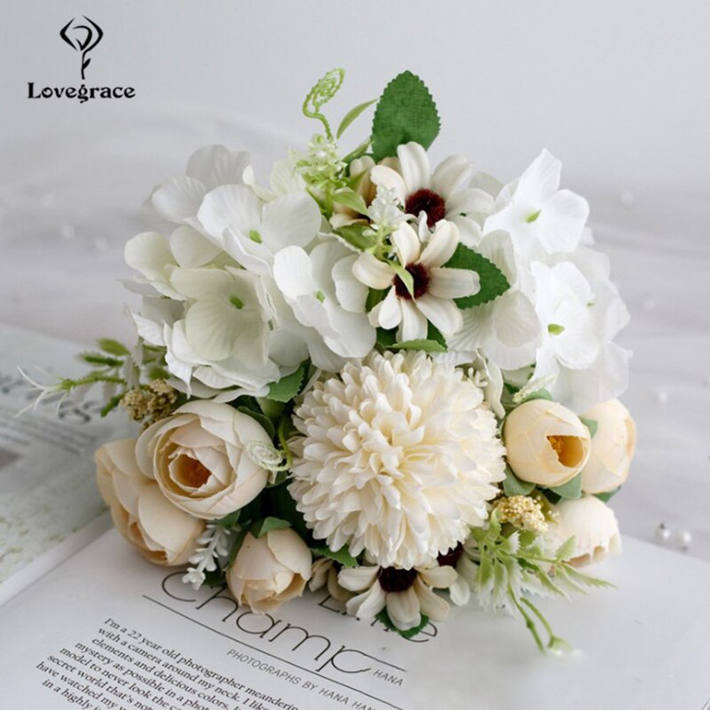 Bouquet de mariage Lovegrace soie artificielle Rose pivoine fleur mariée Bouquet Rose hortensia pompon bourgeon vanille épi fourniture de mariage