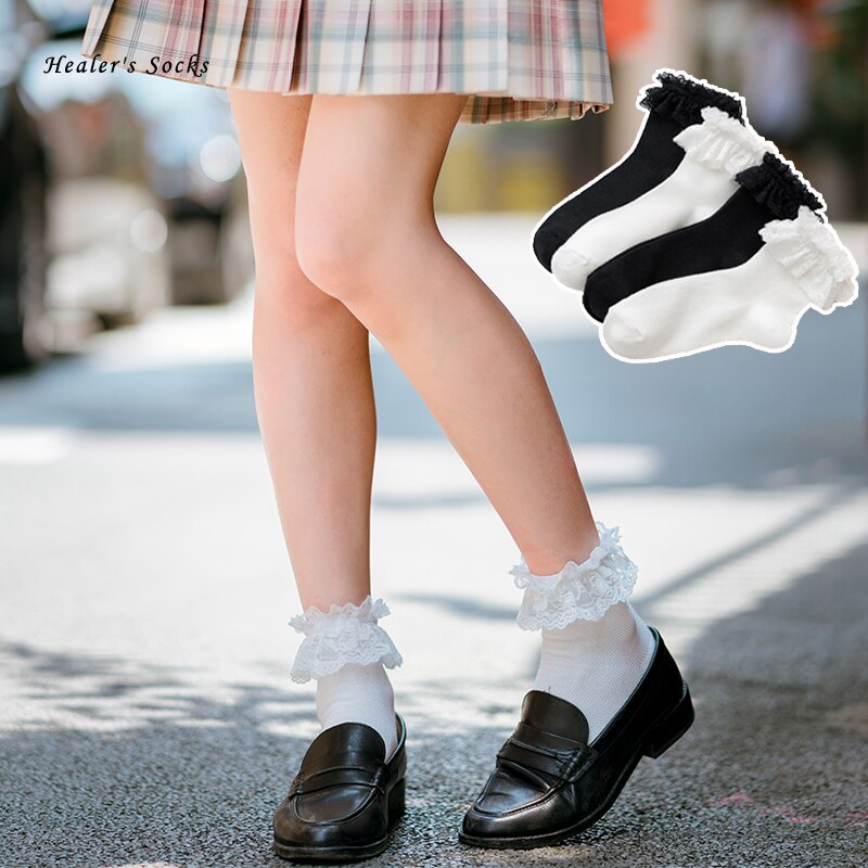 Kawaii Lace Crimping Japanese Lolita Sockings Cotton JK White Black Harajuku Happy Soft Loose Funny Girl Women Socks