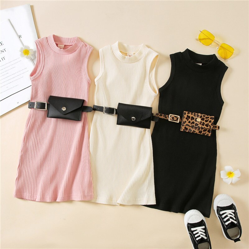 Vestido de verano para niñas de 1 a 6 años con cuello redondo, sin mangas, Color sólido, con cinturón y bolsa