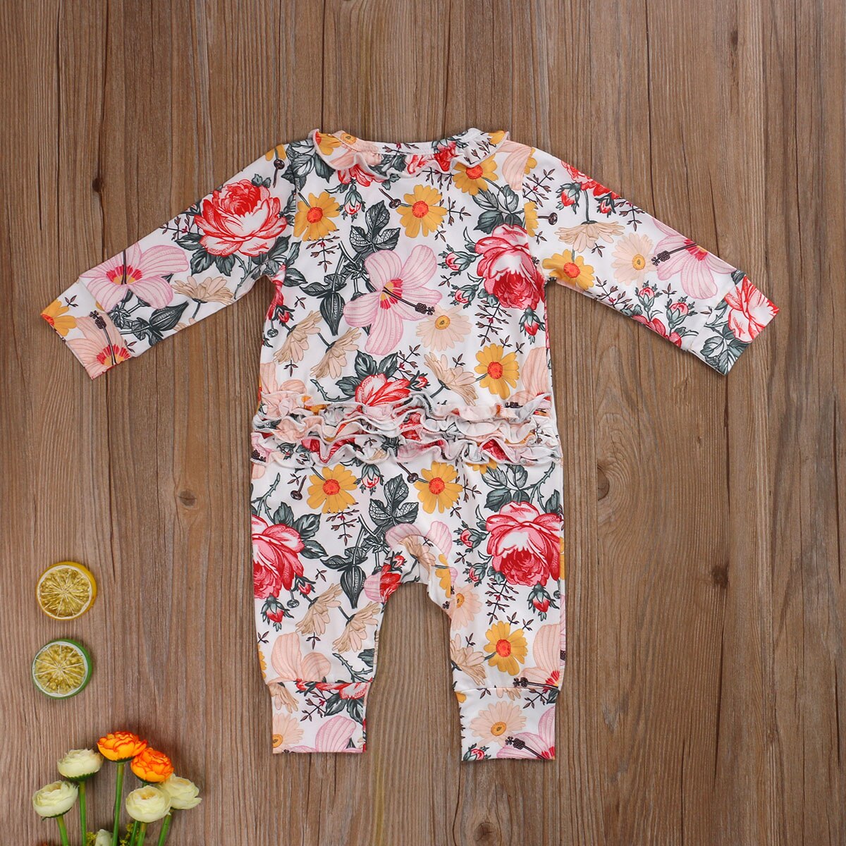 0-24M Peuter Baby Jongen Meisje Jumpsuit Lange Mouwen Ronde Hals Button Front Ruche Bloemen Romper