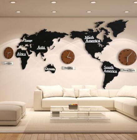 3D World Map Large Wall Clock DIY Wooden MDF Digital Wall Clock wood watch Modern European Style Round Mute relogio de parede: Black