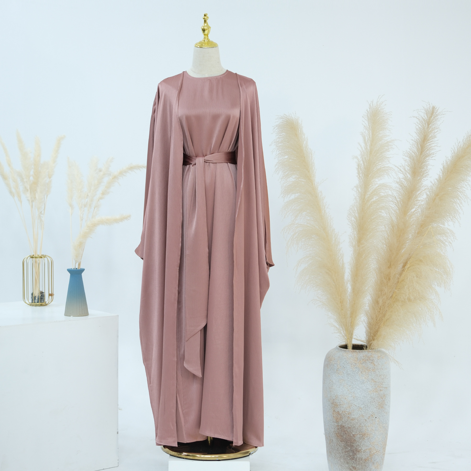 Ramadan dubai cetim liso 2 peças conjunto abaya roupas de oração feminino modesto conjuntos muçulmanos caftan marocain robe femme musulmane kaftan: XXL / Ciano