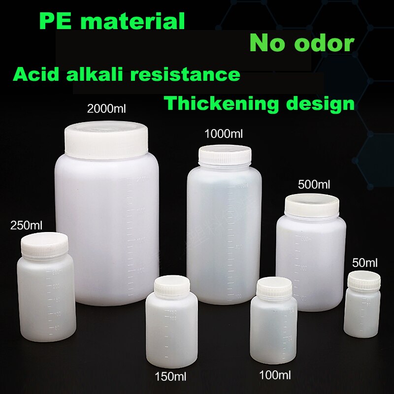 All sizes available Plastic reagent bottle with inner cap Wide mouth circular lab bottle Chemistry chemical
