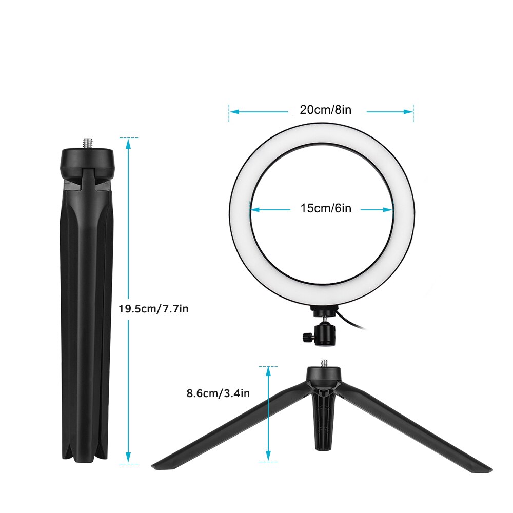 8 inch desktop led ringlamp 3200k-5500k dimbaar 3 lichtstanden 10 helderheidsniveaus met mini statief kogelkopadapter