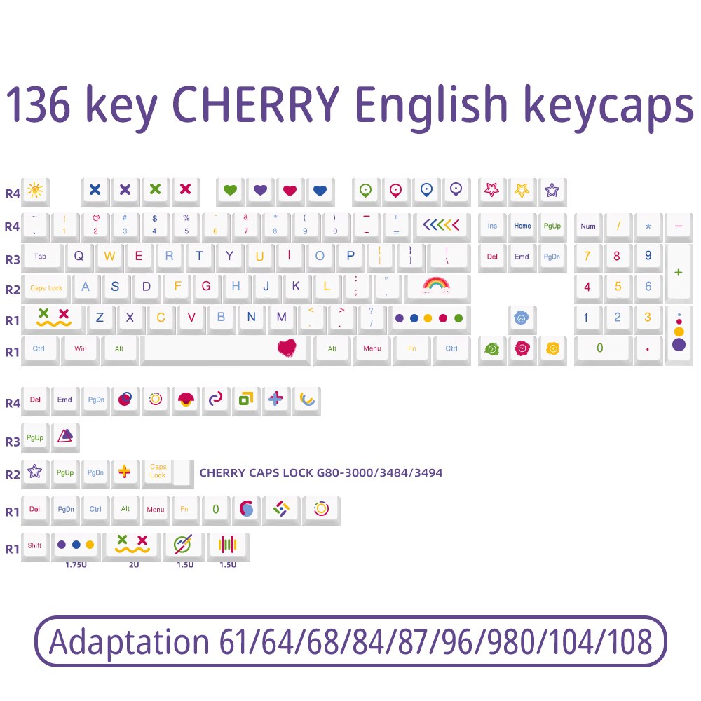 Color pen mechanical keyboard keycap for 61/64/68/84/87/96/980/104/108 Cherry height PBT simple white keyboard cap: 136 Keys English