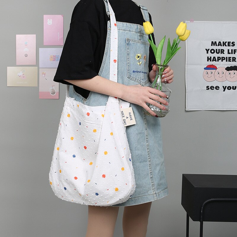 Polka Dots Women Canvas Bag Colorful Print Shoulder Bags Large Capacity Plush Dot Cloth Messenger Bags Shoulder Bag For Ladies