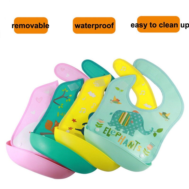 Cute Boys Girls Silicone Waterproof Bib Washable Roll Up Crumb Catcher Feeding Eating Bids Animals Printed Unisex Baby Bids