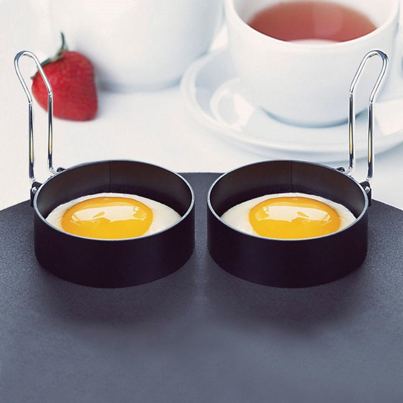 Moldes de Metal negro para freír huevos, moldes redondos para panqueque de huevo frito con mango, molde antiadherente para huevos fritos, accesorio de cocina