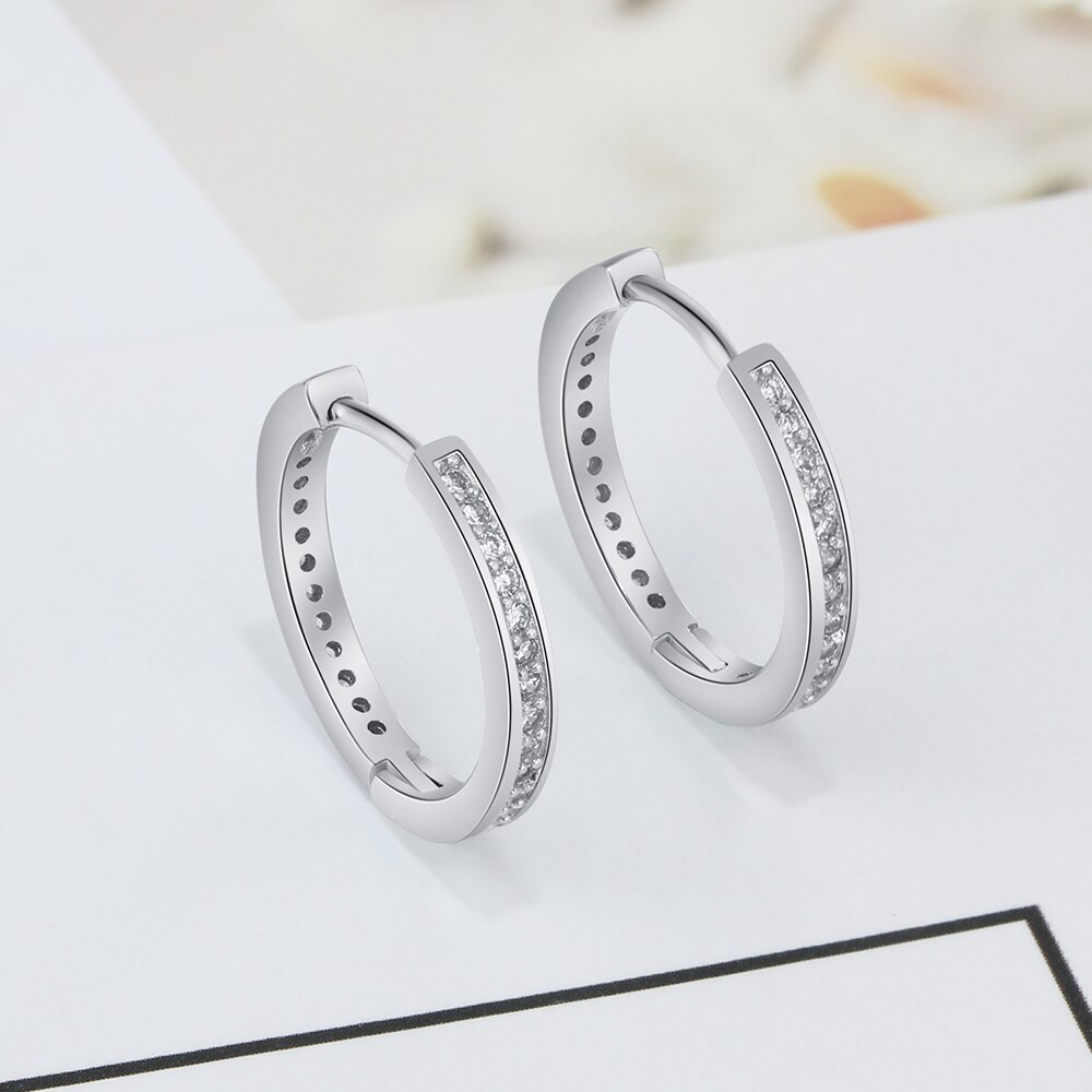 Classic 925 Sterling Silver Round Hoop Earrings for Women Cubic Zirconia Paved Circle Earrings Silver 925 Jewelry Wedding