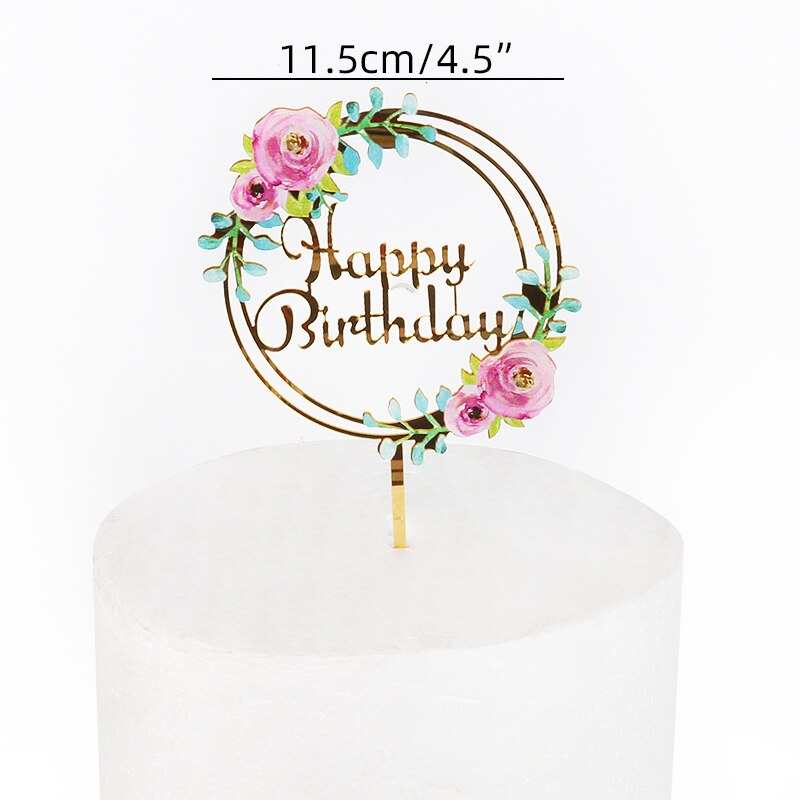 Happy birthday cake topper Flower wreath border and butterfly fairy Girls Birthday party Baby Shower deco Acrylic cupcake topper: a09