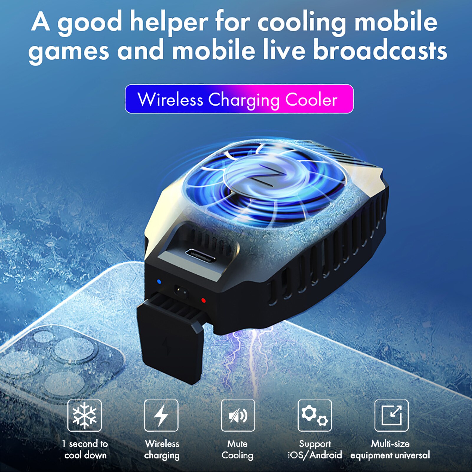 Phone Cooler Radiator With Wireless Charging 10W For IOS & Android Phone-Cooling Fan For 4 To7 Inch Gaming Phone Heat Radiation
