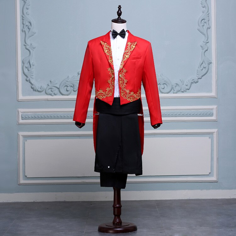 Sort broderi blomstret frakke jakkesæt sæt mænd slim fit club party scene smoking dragt sanger danser bal luksus terno masculino: Rød / M