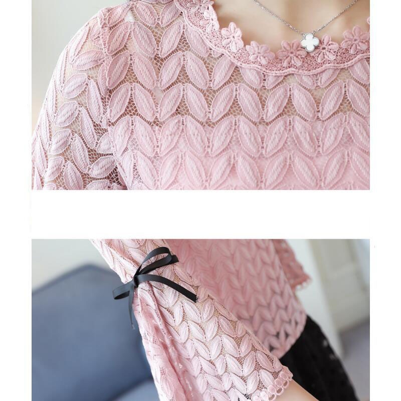 Våren solide blonder skjorter dame bluser o-hals uthult sløyfe bluse skjorte dame topper blonde bluse  dd1571
