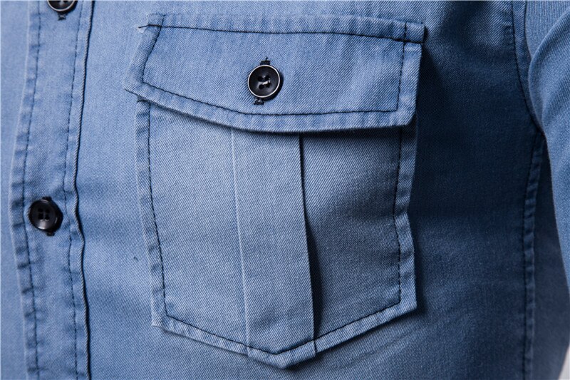 Dongeriskjorte herre langermet herre casual bomull jeansskjorte slim semsket matchende herre solide lommeskjorter topper chemise homme
