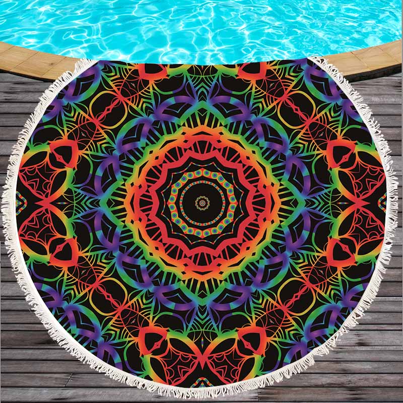 Serviette de plage ronde grande taille | Serviette de plage en coton géométrique imprimé, serviette de plage avec glands, Style bohème, cm été: Black