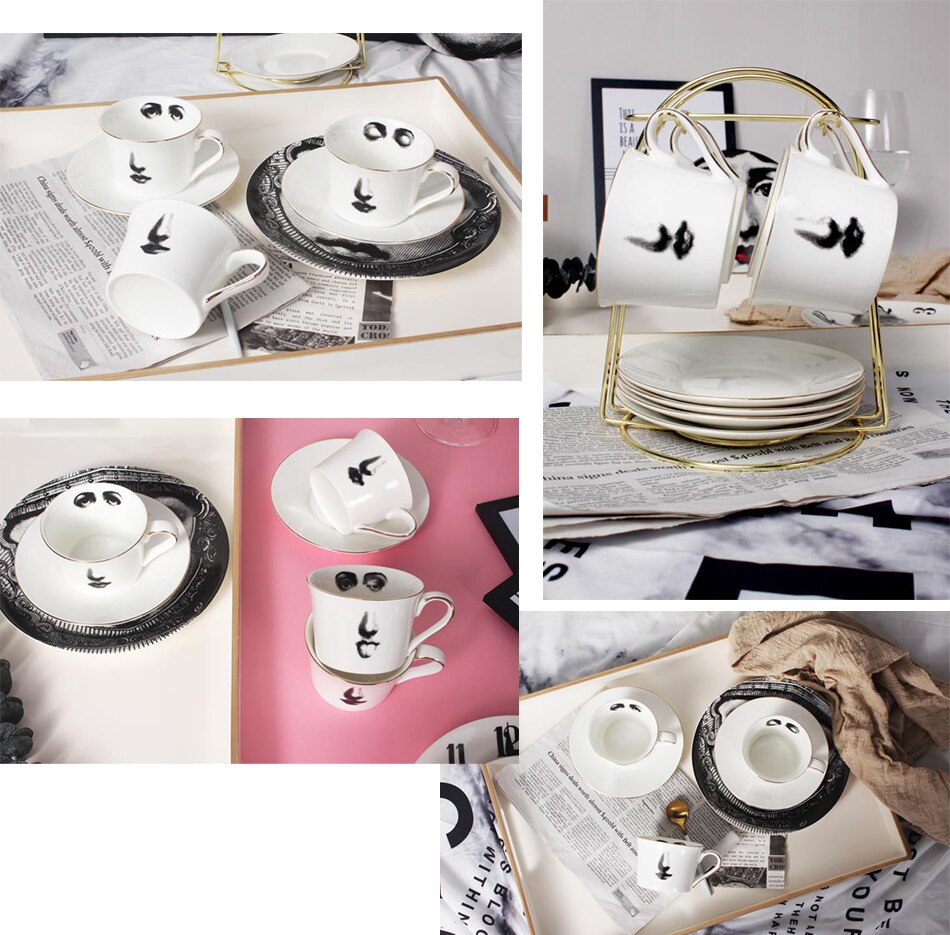 Augen und Nase Kaffee Tasse und Untertasse einstellen Knochen ChinaTazza Nachmittag Tee Versorgung Elegante Hochzeit Geschirr Mädchen Freund