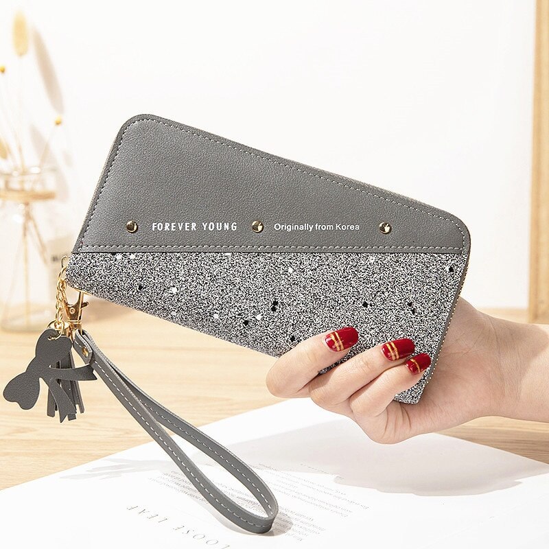 Sequined Patchwork Glitter Wallet for Women Long PU Leather Wallet Coin Purse Female Wallets Girls Wholeale: gray