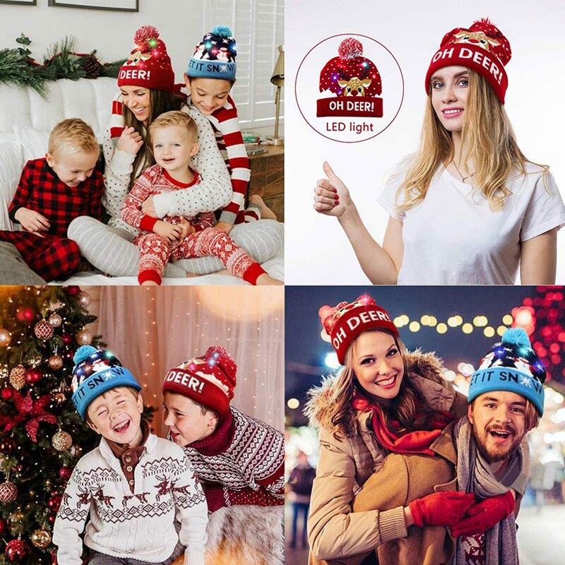 2022Christmas Hats Sweater Elk Knitted Beanie Hat With LED Light Up Cartoon Patteren Christmas Year Decoration navidad
