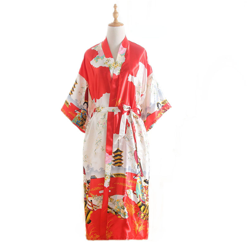Japanese Kimono Style Cardigan Satin Bathrobe Long Pajamas Night Robe Yukata For Women Japanese Clothes Peacock Print: Red