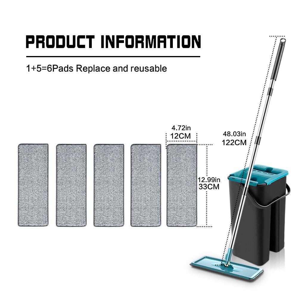 Trapeador plano con cubo Trapeador doméstico ajustable de 360 ​​grados para trapear el piso de secado rápido sin manchas sin lavarse las manos: Black 6pcs Pads