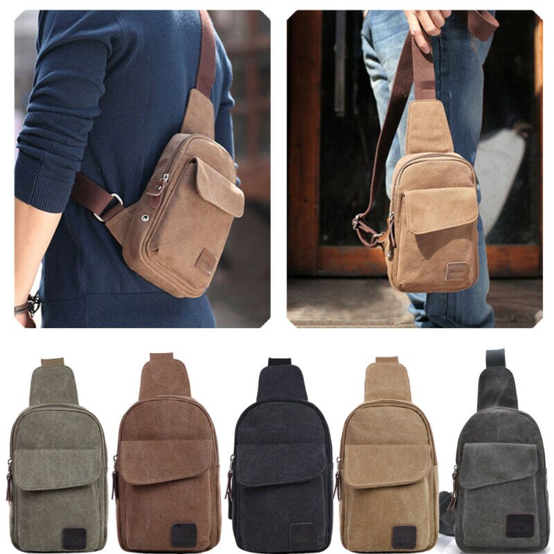 Men's Small Chest Sling Bag Canvas Travel Hiking Casual Zipper Cross Body Messenger Shoulder Backpack Small