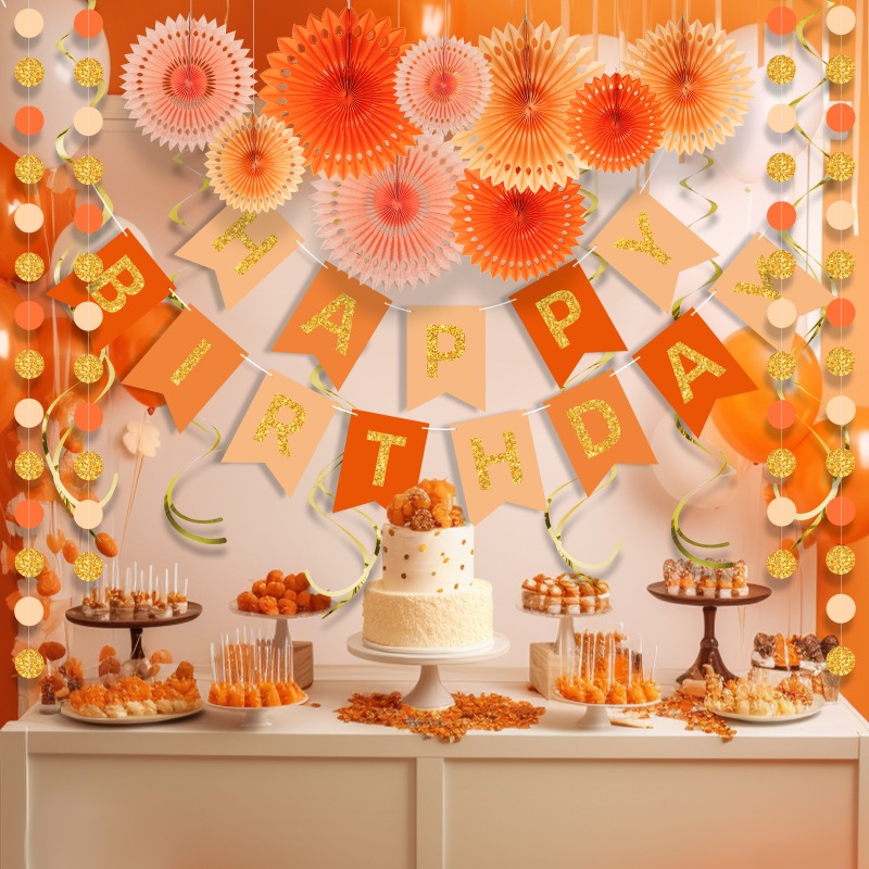 Orange Happy Birthday Banner Decorations Boho Happy Fall Birthday Party Paper Garland Pompom Flower Fan Tassel Streamer Supplies